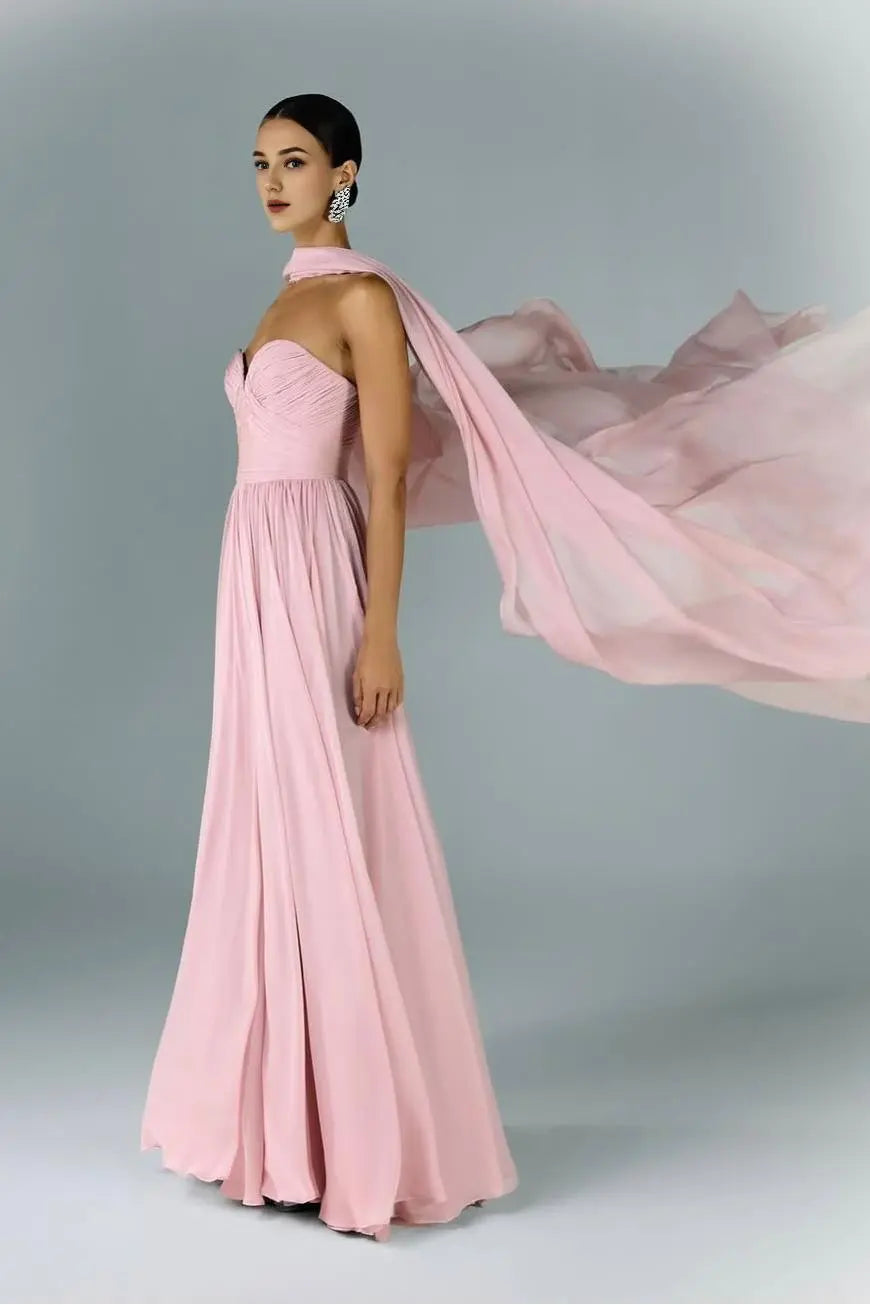 Weitese Dress Beautiful Rose Pink Satin Strapless Sweetheart Sleeveless Maxi Dress Pleated with Scarf Prom Dress